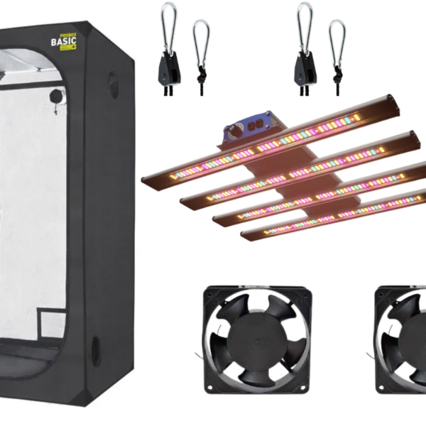 kit indoor carpa de 100x100x200 con led mars 225cx, coolers de 6 , poleas de metal y timer mecanico