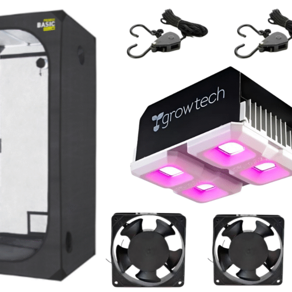 kit 60x60x160, led 200w full spectrum, poleas, timer mecanico y 2 coolers de 4