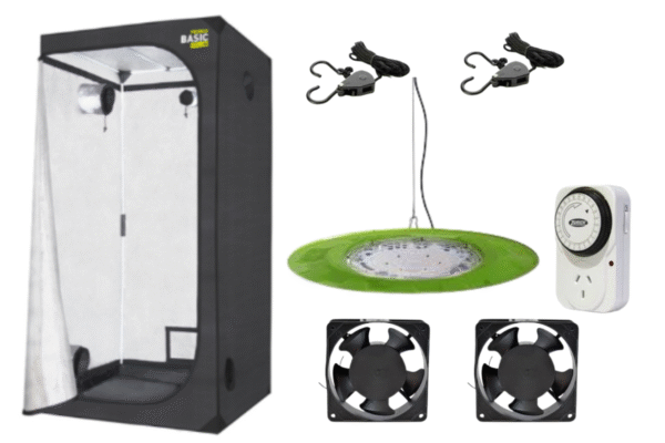 kit indoot 60x60x160, led c800, 2 coolers de 4, timer mecanico y poleas plasticas