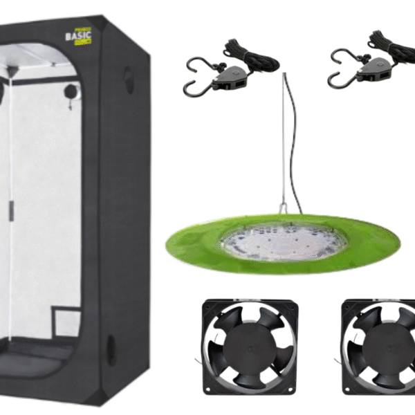 kit indoot 60x60x160, led c800, 2 coolers de 4, timer mecanico y poleas plasticas