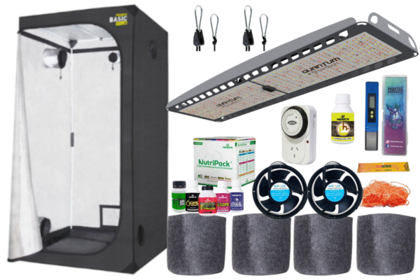 kit indoor completo, carpa 100x100x200, leds grow tecg Q300, poleas, timer mecanico, nutripack, geotextiles de 15L, medidor de ph y ph-